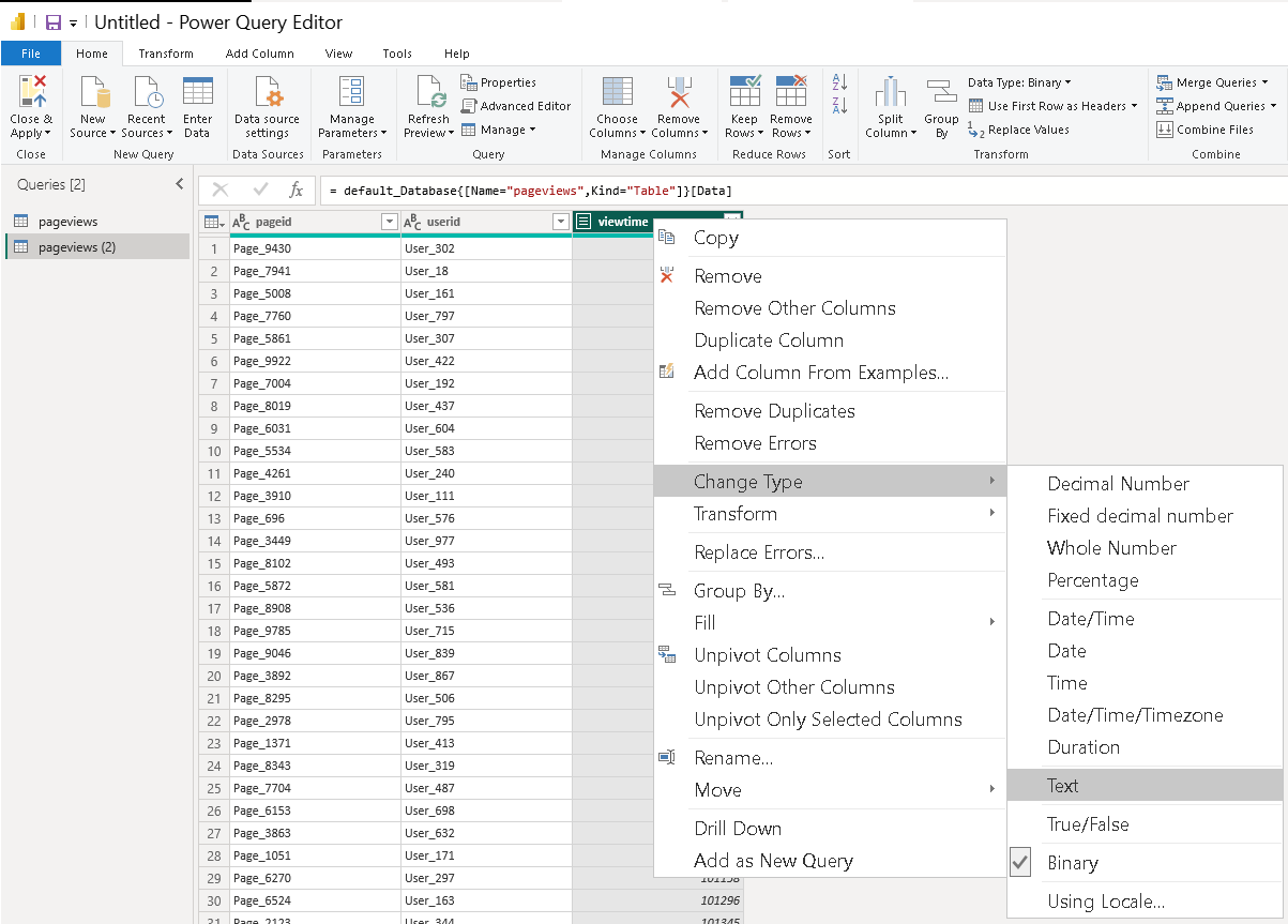 Power Query Editor, показывающий преобразование типа данных для столбца UInt64