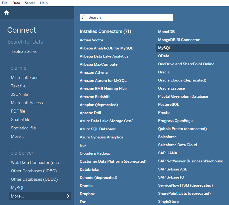 Интерфейс Tableau Desktop с меню Connect, где выделена опция MySQL